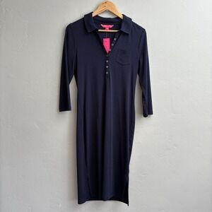 Lilly Pulitzer Reema Polo Dress Women Size Medium Navy Blue Long Sleeve Midi New